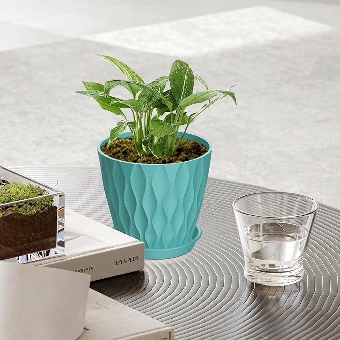 12 Pack 4 Inch Small Plant Pots with Saucers, 3D Textured Plastic Planters with Drainage Holes for Indoor and Outdoor Plants, Flowers, Herbs, Succulents, and Seedlings, Blue