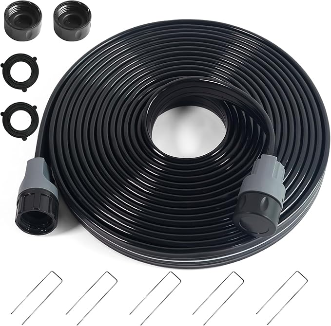 Sprinkler Soaker Hose 25 ft, Flat Watering Hose with Holes, Water Saving Drip Line Irrigation Hoses with Garden Staples for Lawn, Vegetable Garden Beds (25 ft)