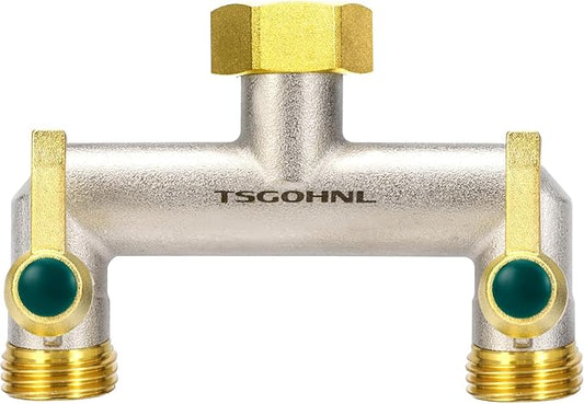 Heavy Duty Brass Garden Hose Splitter, 2-Way Faucet Splitter with 2 Extended Metal Handles, Outdoor Hose Splitter, GHT 3/4-Inch Heavy Duty Hex Female Inlet and 3/4-Inch Male Outlet, Nickel Plated