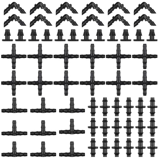 Kalolary 300Pcs Irrigation Fittings Kit, Drip Irrigation Kit Barbed Connectors for 1/4 Inch Flower Lawn Garden Irrigation System Kit (Straight Barbs, Tees, Elbows, End Plug, 4-Way Coupling)