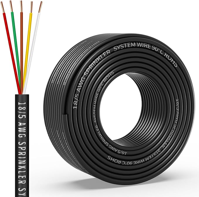 18/5 Solid Sprinkler System Wire 50ft, 18 Gauge Irrigation Wires PVC Jacket Sprinkler Cable for Underground Irrigation Valves Field Central Control System