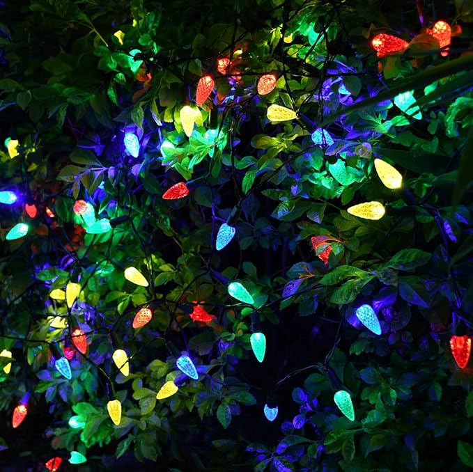 Solar Christmas Lights Outdoor C6 Strawberry String Lights, LED Christmas Fairy Lights 50 LEDs Solar Operated Rechargeable Garden Lights for Christmas Tree, Holiday, Arbor Decor(Multicolor, 8 Modes)