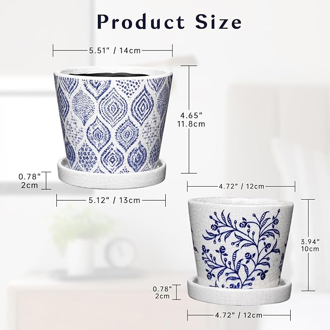 Blue and White Ceramic Pots for Plants, Decorative Plant Pots Round Ceramic Planters for Indoor Plants Pots with Drainage Hole Saucers, Retro Planter Pot for Succulents Cactus Flowers Outdoor 4.8/5.5"
