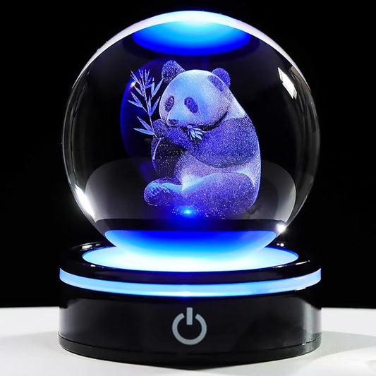 YWHL 3D Panda Figurine Crystal Ball with Colorful Light Base, Panda Gifts for Women Men on Christmas Birthday, 3D Laser Engraved Full Sphere Glass Decorative Ball for Home Office (80mm)
