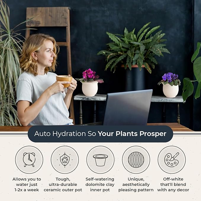 African Violet Pots Self Watering - 7in White Ceramic & Dolomite Clay - Easy & Effortless Planter Pot For Indoor Plants, Herbs, Flowers, Orchids, Succulent - Ideal Gardening Gifts, Plant Not Included