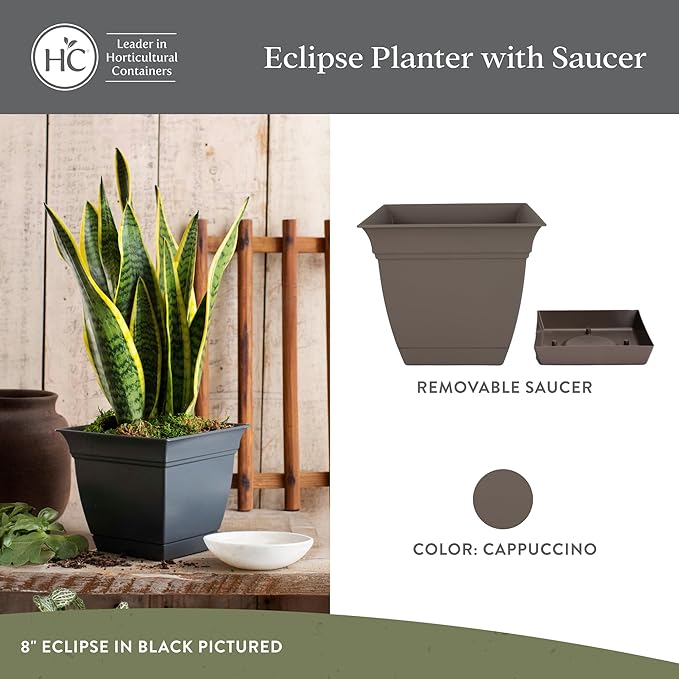 The HC Companies 8 Inch Eclipse Square Planter with Saucer – Indoor Outdoor Plant Pot for Flowers Vegetables Herbs, Cappuccino (Pack of 4)