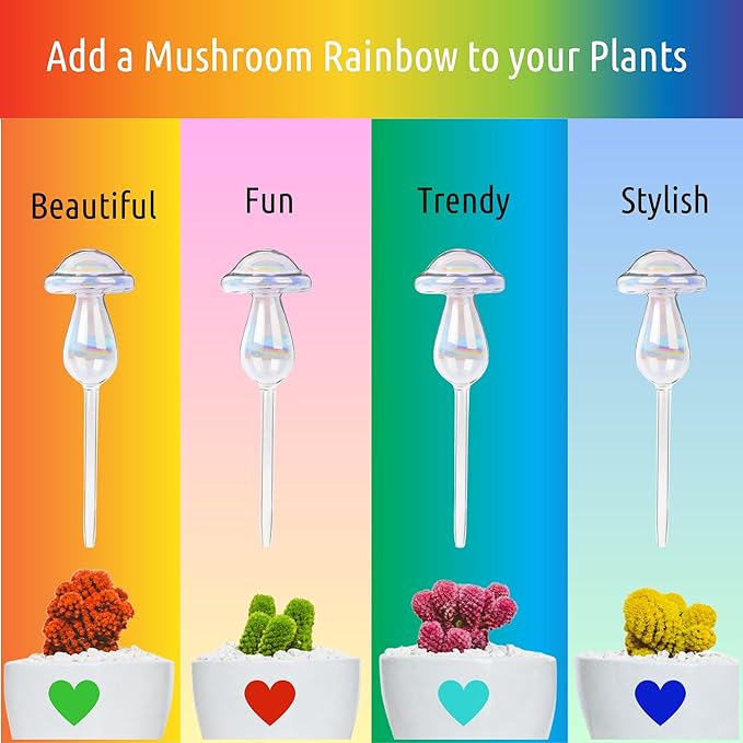 LGL Mushroom Plant Watering Globes - 4 Pieces Clear Rainbow. Decorative Self Watering Planter Inserts. Hand-Blown Durable Glass. Ideal Plant Lover Gift (4pk Medium)