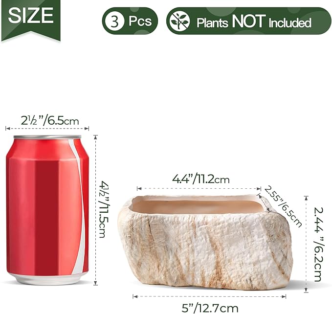 T4U 5.5 Inch Ceramic Succulent Pot Planter with Drainage Hole Set of 3, Stone Shape Rectangle Window Box Cactus Plant Containers Gift for Mom Sister Best for Home Office Table Desk Decoration