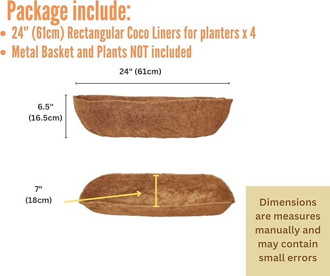 Maxona 24 inch 4 Pack Trough Rectangular Coco Liner for Window Box Planter: Thick Coconut Coir to Support The Soil Replacement for Wall Hanging Basket, Rectangle Pre-Formed Fiber Husk, Garden Fence