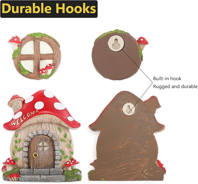 Miniature Fairy Garden Accessories Christmas Decorations Mushroom Fairy Door and Windows for Trees, Glow in The Dark Yard Garden Sculpture Lawn Ornament Outdoor Decor Accessories with Fairy Lantern