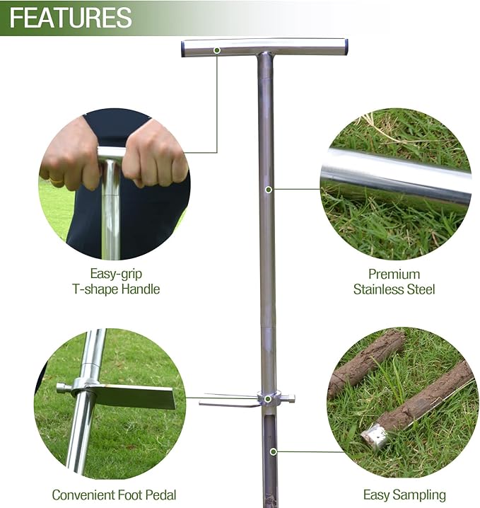 Soil Probe 35 Inch with 2 Bags, Straight Soil Sample Probe for Lawn House Plants, T-Handle Soil Sampler Probe Rod with Pedal, Stainless Steel Soil Test Kits Tool for Soil Sampling