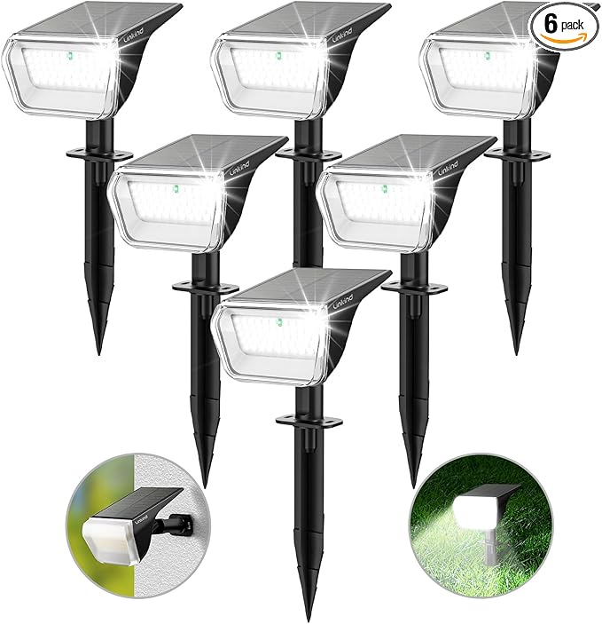 Linkind Solar Spot Lights Outdoor, 60 LEDs Solar Lights Outdoor Waterproof IP67 with 30% Conversion Rate, Ideal for Landscape, Garden, Yard, Pathway (6 Pack, Cool White)