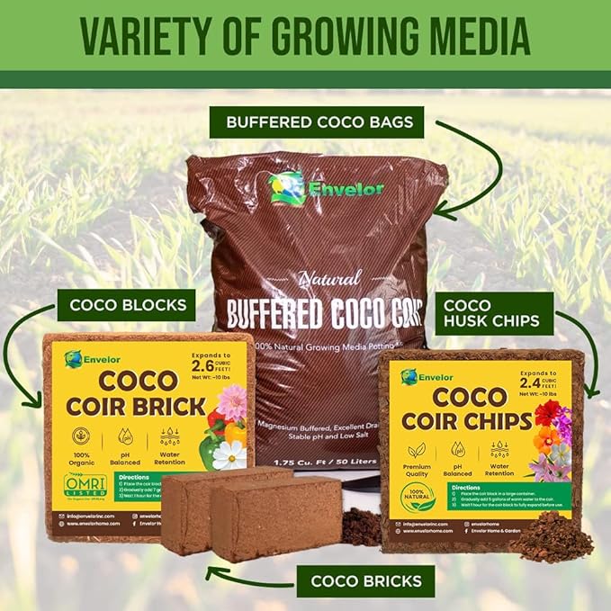 Coco Coir for Plants 2-Pack Envelor 2.6 Cu. Ft. Compressed Coconut Coir Bricks 10 lb. Organic Coconut Coir Bulk Low EC pH Balanced Natural Coco Peat for Indoor and Outdoor Gardening Potting Soil