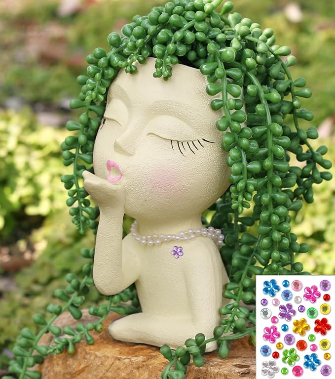 Head Face Planters, Kissing Girl Flowerpot, Lady Head Flower Pot, Female Kiss Faces Small Resin Art Succulent Pots for Indoor Outdoor Plants, Beige