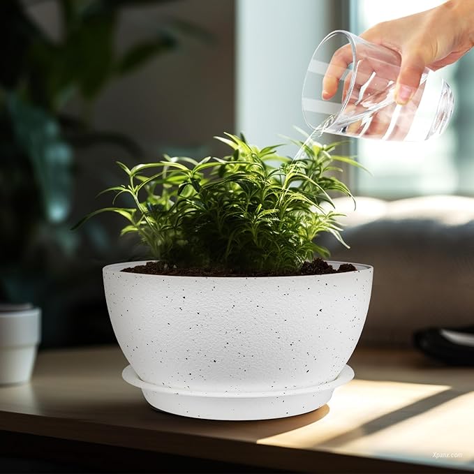 8 inch Plant Pots Pack of 2, Plastic Planter with Drainage Holes and Saucers, Plant pots for Indoor Outdoor Use, Flower Pots for All House Plants (Speckled White)