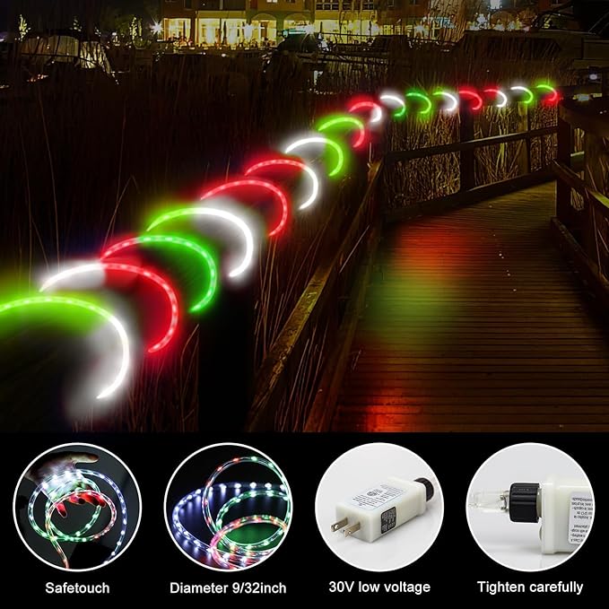 Christmas Rope Lights Outdoor, 50Ft 600 LED Red White Green String Light, Waterproof Tube Light Plug in 8 Modes Timer Memory, Permanent Christmas Lights for Tree Fence Garden Party Decorations