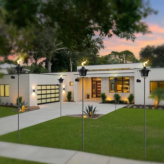 Citronella Torches Set of 4, 3-Prong Grounded Stake Outdoor Torches ，14.5 oz Garden Torches for Outside, 58 inch Outdoor Decorative Torch