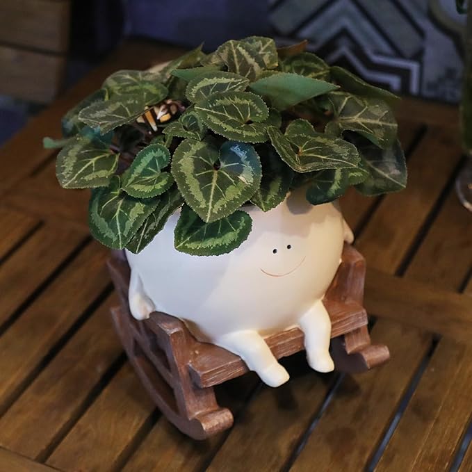 Smily Face Planter Pot Cute Resin Flower Head Planters for Indoor Outdoor Plants Unique Sitting Rocking Chairs Succulent Pots for String of Pearls Plant Live Gift Ideals with Drainage Hole