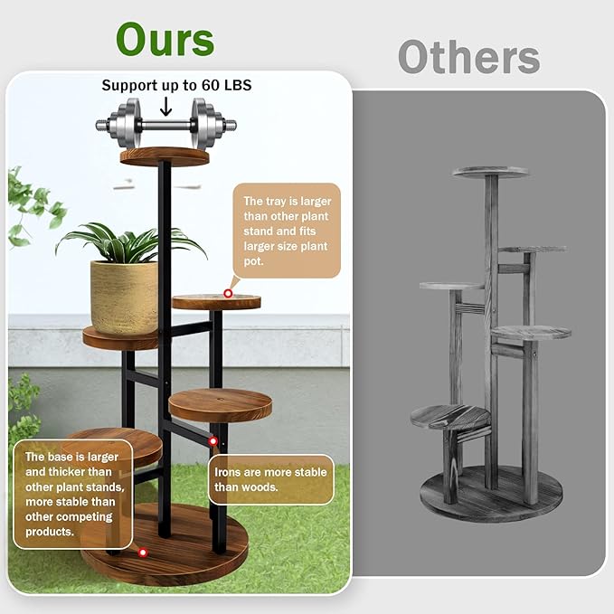 AUGOSTA 5 Tier Plant Stand, Tall Metal Wood Shelf Holder for Indoor Plants, Outdoor Garden Plant Display Rack Flower Pot Stand for Corner Living Room Balcony Garden Patio