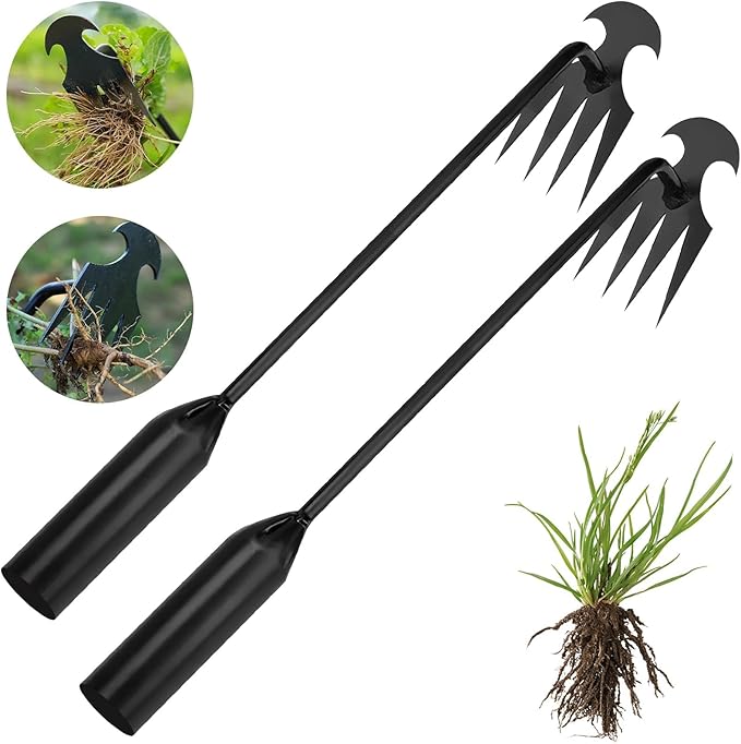 2 Pcs Weed Puller Tool – 15.7” Portable Garden Weeder, 4 Teeth Manganese Steel Forged Hand Tool for Uprooting Weeds, Ideal for Gardening & Backyard Vegetable Planting