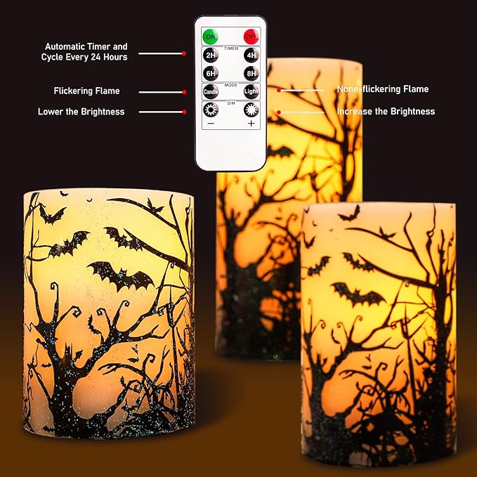 Halloween Decor Flameless Candles Set of 3 Black Spooky Bats Decal Flickering Candles Battery Operated with Remote Real Wax LED Pillar Candles for Halloween Party Horrible Theme Decor