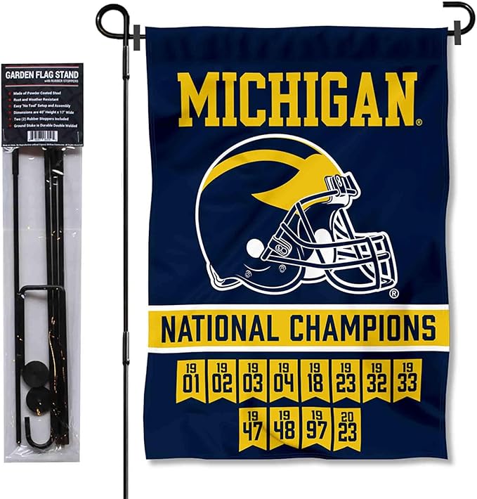 College Flags & Banners Co. Michigan Team University Wolverines 2023 and 12 Times 12x Football National Champions Garden Flag with Pole Stand Holder