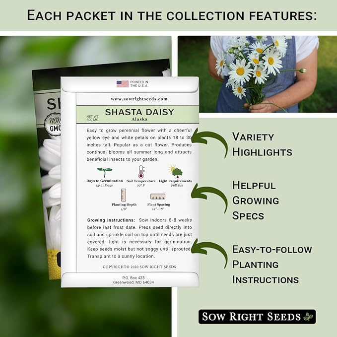 Sow Right Seeds - Daisy Flower Seed Collection for Planting - Attract Pollinators - Beautiful Annual and Perennial Flowers to Plant in Your Home Garden - Non-GMO Heirloom Seeds - Great Gardening Gift