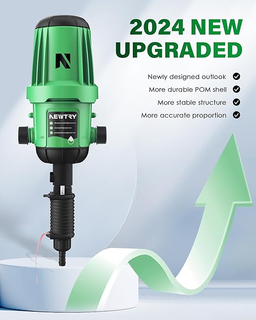 NEWTRY Fertilizer Injector for Drip Irrigation, 0.2%-2% Adjustable Dosing Pump, 3/4'' NPT Water Powered Liquid Doser for Garden, Greenhouse, Irrigation & Hydroponic System, Farm, Grow Tent Green