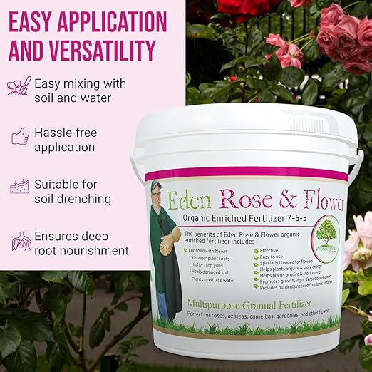 Eden Rose & Flower Organic Enriched Fertilizer | Neem Plant Food-7-5-3 Enriched Formula | for Best Flower Growth (5lbs)