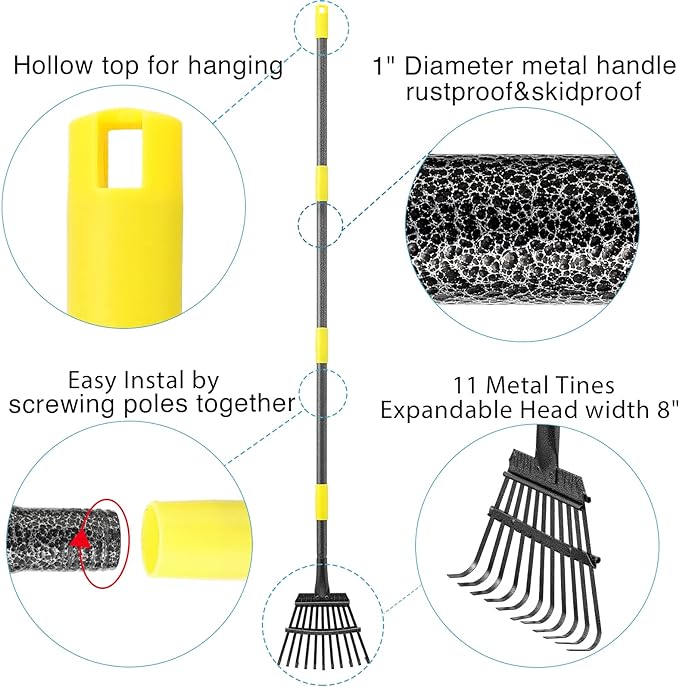 Oliynedy Leaf Rake for Gardening, Adjustable Metal Garden Rake for Leaves Long Handle 30-70", 11 Tines 9" Wide Small Lawn Collapsible Yard Adult Kids Rake for Camping Flower Beds Mulch Shrub