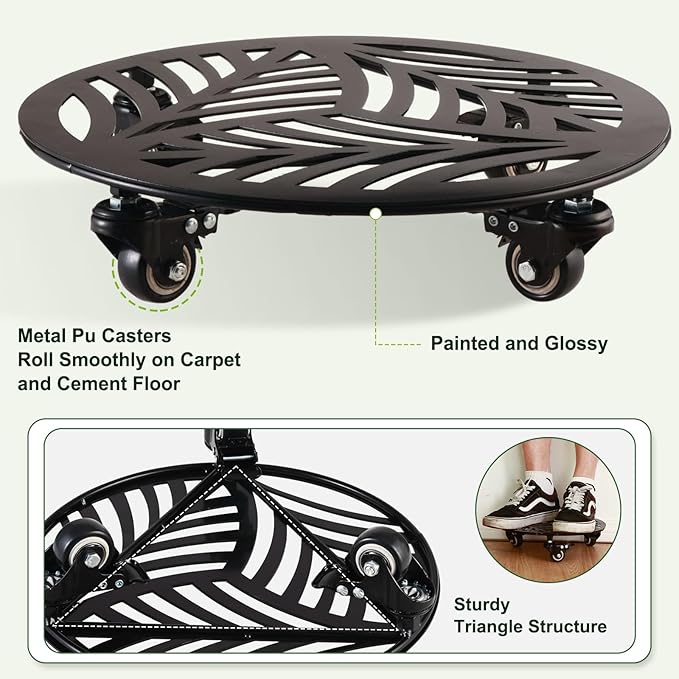 2 Packs Metal Plant Caddy with 3 Wheels 12” Heavy-duty Wrought Iron Rolling Plant Stands with Casters Indoor and Outdoor Plant Pot Roller Base Plant Saucer Movers Black, Strong Load Capacity