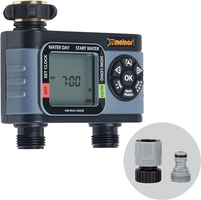 Melnor 65166AMZ HydroLogic Digital Hose Timer, 2-Zone Programmable Watering Timer, Quick Connect Bundle, Black, Grey