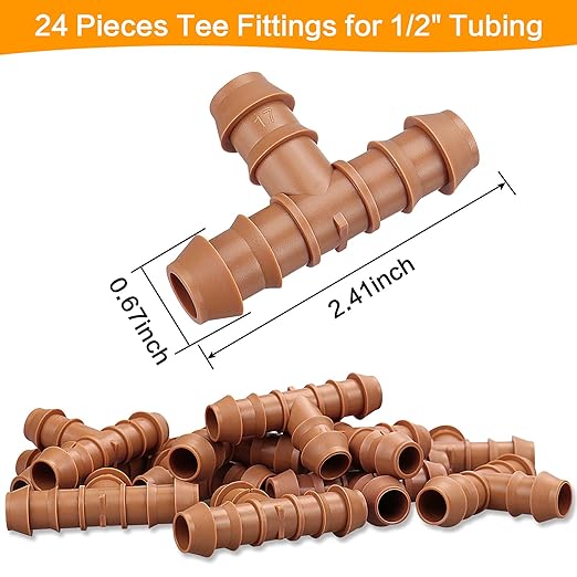 24 Pieces Drip Irrigation Barbed Tee Fittings for 1/2” Tubing (0.600”ID) - Drip Tees (17mm) Irrigation Tubing Connectors for Drip Sprinkler Garden Lawn Systems