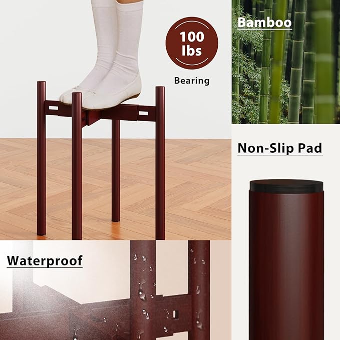 Adjustable Plant Stand Indoor, Bamboo Plant Holder 8 to 12 Inches, Small Tall Planter Stand for Indoor Plants, Single Floor Plant Stand for Living Room Balcony Bedroom, Reddish Brown