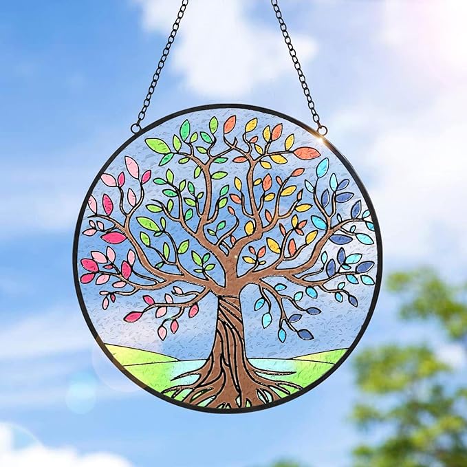 Tuitessine Tree of Life Stained Glass Suncatcher Four Season Theme Colorful Leaves Window Wall Hanging Ornament Hand-Painted Glass Panel Decor Gift for Women Christmas Thanksgiving Gift 6.3 * 6.3”