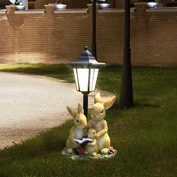 Solar Garden Outdoor Decor Statues Rabbit Family with Light,Outside-Outdoor Decorations Sculptures for Patio Yard Lawn Walkway Ornaments Clearance Gifts for Mom Grandma Birthday