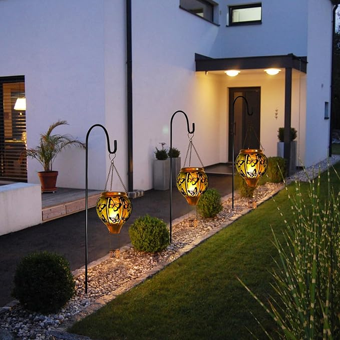 Butterfly Hot Air Balloon Solar Lantern, Solar Hot Air Balloon Flickering Flame Hanging Garden Light Candle LED Light Glass & Metal Waterproof Outdoor Lanterns Yard/Patio Decorative, Gift for Mom