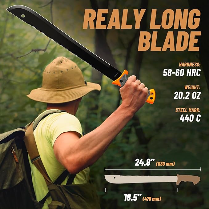 Machete with Saw - 25” Heavy Duty Tool & Sheath - Ergonomic No-Slip Handle - Survival Knife with Serrated Blade - Machetes for Bushcraft Outdoor Hunting Garden Cutting Trees and Yard Work