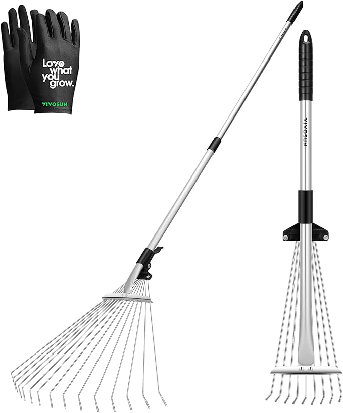 VIVOSUN 2-Pack Leaf Rake Set, Adjustable Garden Camping Rake Includes 15-Tine 64'' Rake and 9-Tine 30'' Rake, Metal Rake with Collapsing Tines and Telescopic Handle for Garden Lawn Yard Cleaning