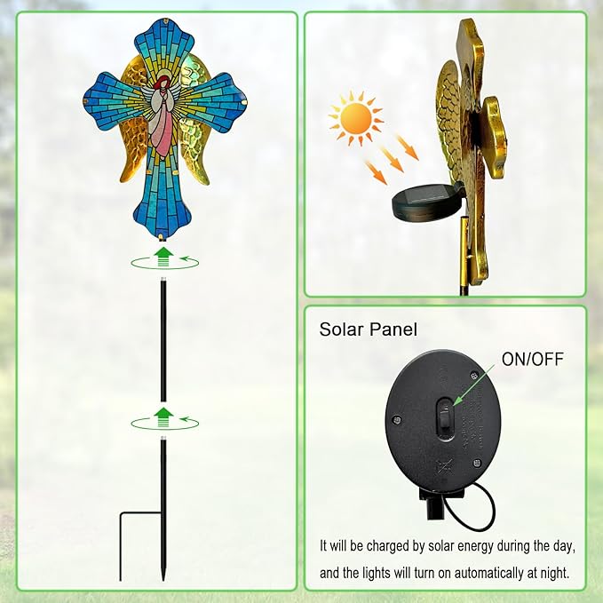 Solar Cross Garden Stake Lights for Outdoor Garden,Cemetery,and Yard Decor,Angel Wings Cross Solar Christmas Lights Outdoor,Memorial Gifts Angel