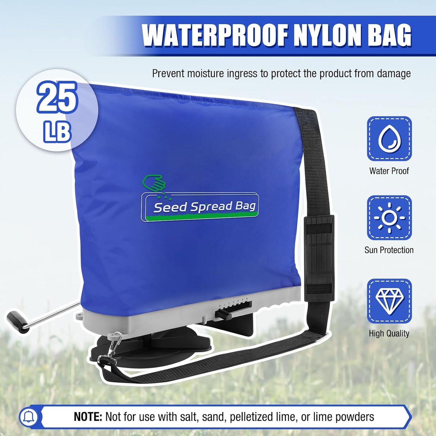 Zipcase 25lb Bag Seed Spreader with Waterproof Bag, Rare Baffle and Accurate Gears, Handheld Grass Seed Spreaders for Lawns, Blue