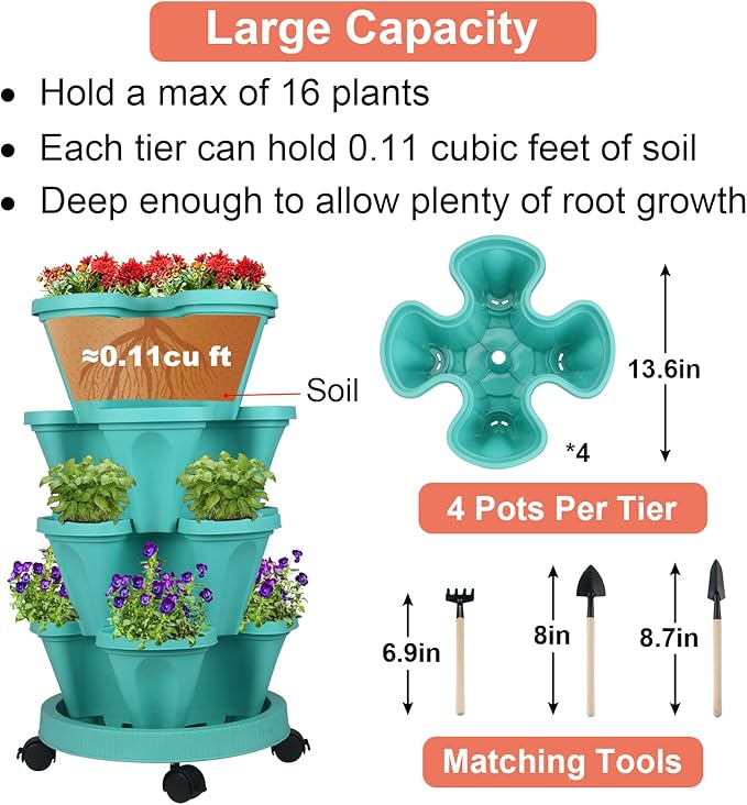 Vertical Planter 4 Tier Stackable Planters Garden Planters Strawberry Herb Flower and Vegetable Planter Indoor Outdoor Gardening Pots with Removable Wheels and Tools