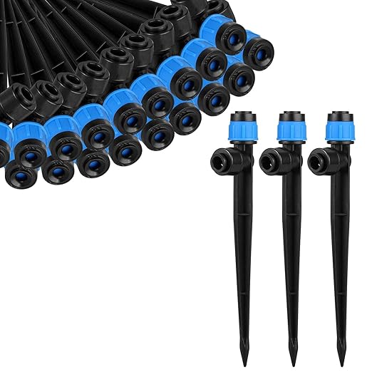30 Pcs Drip Irrigation Emitters with Stake - Adjustable Drip Emitter Vortex for 1/4" Drip Line Irrigation Tubing - Drip Irrigation System Parts Drippers Sprinkler Heads for Garden Watering System-Blue