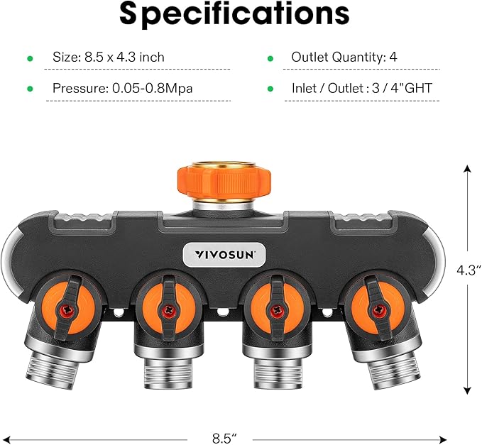 VIVOSUN Garden Hose Splitter 4 Way, Heavy Duty Water Hose Connector 3/4", Water Hose Manifold, Faucet Adapter with Comfortable Rubberized Grip for Drip Irrigation, Lawns