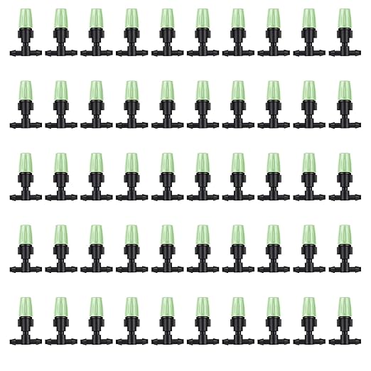 MSDADA 50pcs Micro Spray Adjustable Flow Irrigation Drippers, Garden Adjustable Sprinkler drip Irrigation Mister Heads with 3 Tee Irrigation Misting Drip Kit (Green)