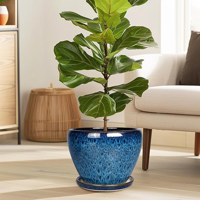 10 Inch Ceramic Planter Pot, Ceramic Plant Pot for Indoor Outdoor Plants, Large Flower Pot with Drainage Hole and Saucer, Blue