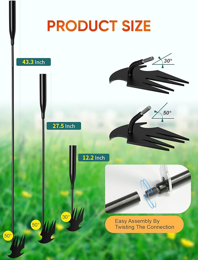 Weed Puller Tool Stand Up Weed Remover Tool Heavy Duty, Long Handle Weeder Hand Garden Weeder Tools, 4 Claw Gardening Hand Weeding Tool for Gardening Backyard Farm Planting & Weeding 12.2-27.5-43.3"