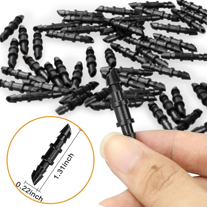 JAYEE 100 Pack Drip Irrigation 1/4” Barbed Coupling Fittings, Barbed Connectors Fits Universal 1/4-Inch Drip Tubing, Irrigation Coupler for Drip or Sprinkler System