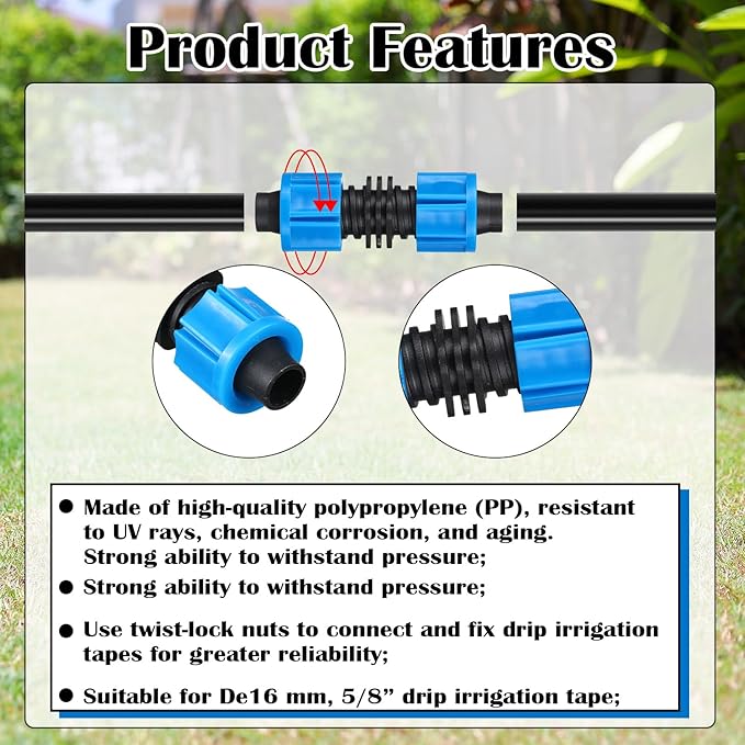 50 Pcs Drip Irrigation Connector Blue Drip Tape Coupling 5/8 Inch Universal Joint Drip Line Connectors Drip Irrigation Tools Fittings Compatible with Most 16-17 mm Drip Tube or Sprinkler System
