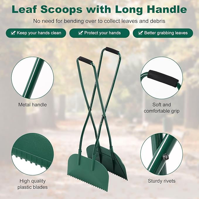 Leaf Grabber and Leaf Rake Set Includes Leaf Scoops with Long Handle, Adjustable Metal Leaf Rake, 79 Gallon Reusable Yard Waste Bags and Work Gloves, Leaf Collector Yard Tools
